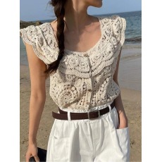 批发<b class='q'>欧美</b>外贸新品亚马逊ebay速卖通精致重工镂空钩花优雅荷叶领上衣