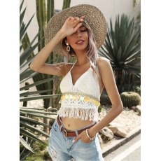 批发亚马逊跨境2026夏季新款<b class='q'>欧美</b>钩织镂空流苏亮片吊带上衣