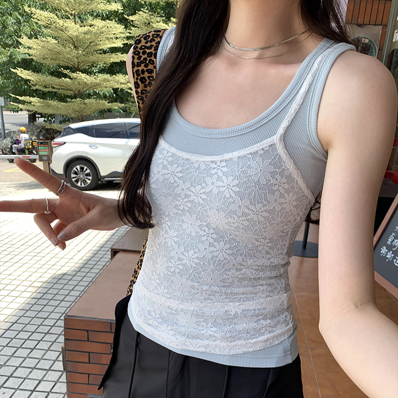 LN45152# 图泰式甜辣海边白色蕾丝吊带工字背心女夏季叠穿两件套装 服裝批發女裝批發服飾貨源