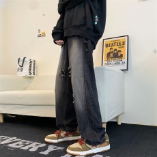 批发美式高街破洞牛仔裤男正反口袋复古水洗做旧宽松直筒渐变潮流长裤