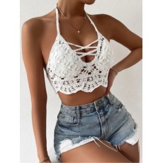 批发<b class='q'>欧美</b>外贸新品亚马逊ebay速卖通钩织镂空吊带挂脖系带露背上衣