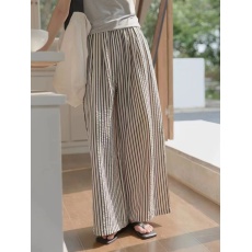 批发慵懒风米条阔腿裤女夏季小个子<b class='q'>竖条纹</b>显瘦休闲拖地裤子