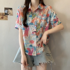 批发实拍夏装<b class='q'>大码</b>韩版趣味印花衬衫宽松休闲翻领童趣上衣潮