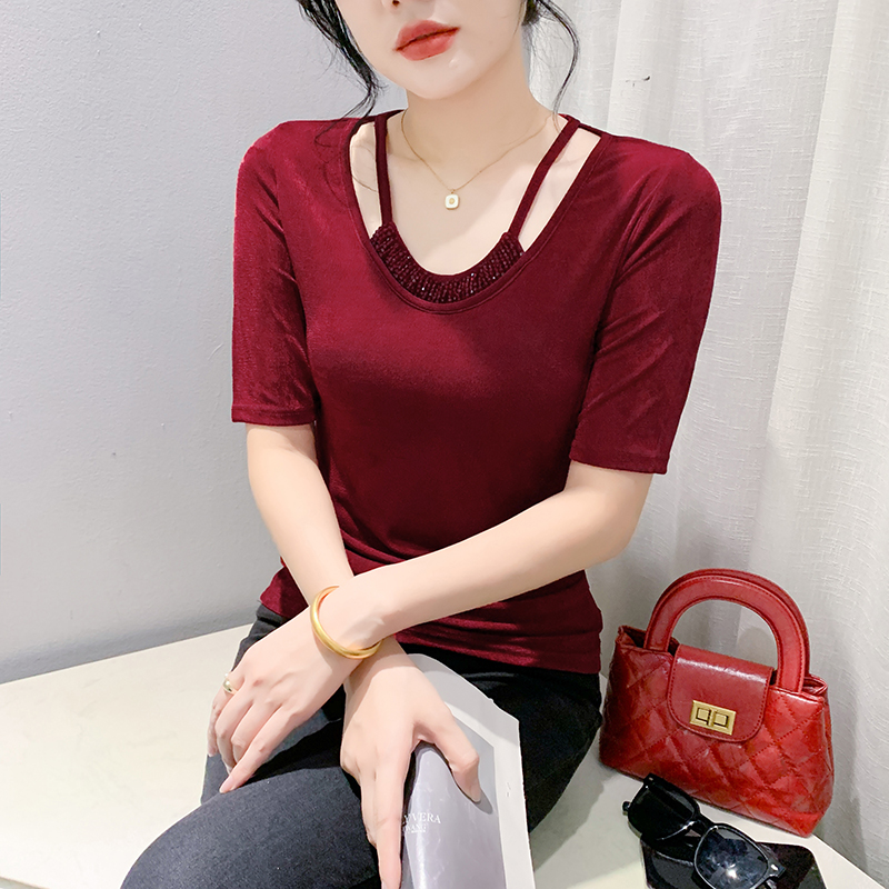 MY6904# 圆领钉珠高弹T恤 夏季纯色时尚气质中袖洋气显瘦打底衫简约女裝貨源服裝批發