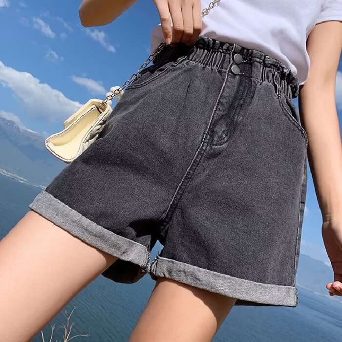PF17405#大码毛边破洞牛仔短裤女2024年夏季新款高腰显瘦字阔腿热裤潮女裝貨源服裝批發