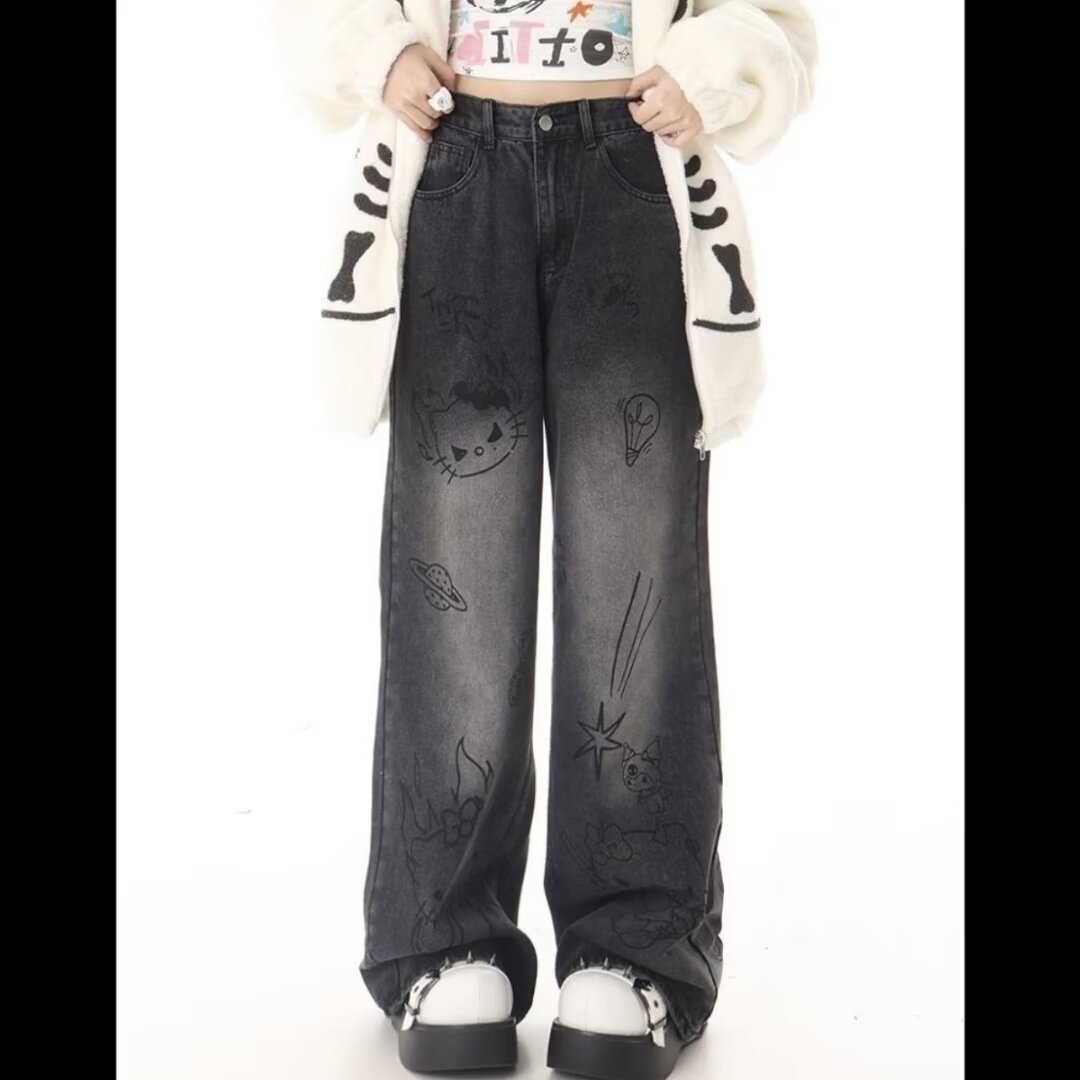 PF17410# 美式高街破洞牛仔裤男夏季薄款潮牌痞帅宽松直筒阔腿拖地长裤女裝貨源服裝批發