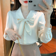 批发2025长袖衬衫女新款西装领飘带蝴蝶结<b class='q'>雪纺</b>衬衣设计感小众打底上衣