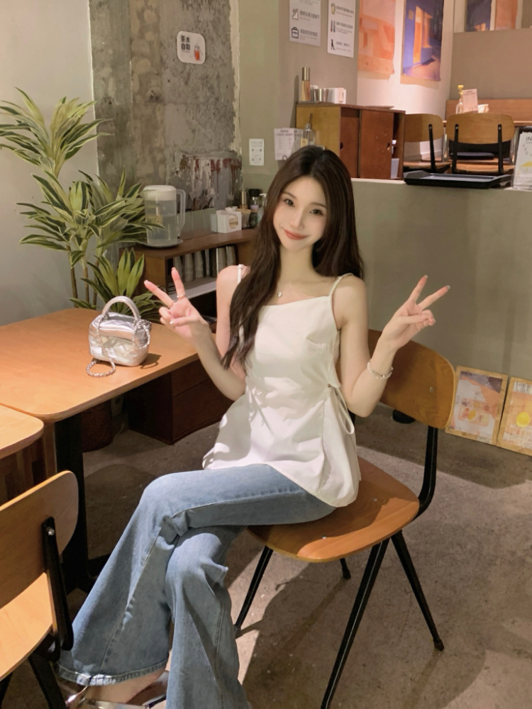 실사 정가 한국 스타일 chic 디자인 센스 품격 슬림해 보이는 레이스업 허리 수축 측면 홀로우 아웃 캐미솔 맨위 여성