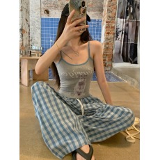 批发实拍实价  美式印花打底衫吊带修身显瘦背心+休闲格纹阔腿裤