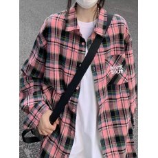 批发潮牌美式复古刺绣格子长袖衬衫女初秋宽松设计感小众洋气减龄外套