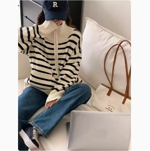 한국인기 스트라이프 폴로 칼라 지퍼 가디건 상세 이미지 4