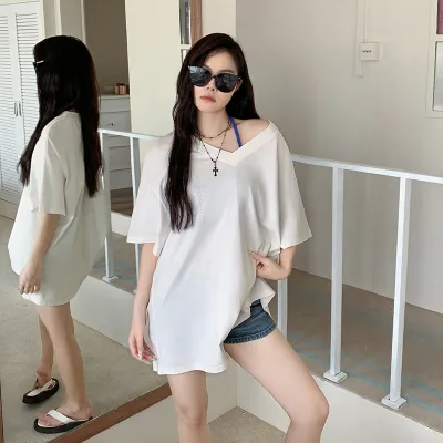 实拍实价夏季韩版性感V领纯棉短袖T恤女设计感宽松显瘦简约上衣