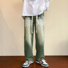 批发水洗字母印花长绳牛仔裤男2024春夏新款高街vibe潮牌直筒阔腿裤子