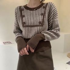 批发<b class='q'>欧洲站</b>秋季<b class='q'>新款</b>2026女法式复古拼色圆领千鸟格灯笼袖羊毛针织上衣