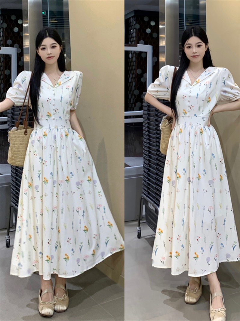 지방 mm 프랑스식 레트로 전원 바람 V넥 꽃무늬 여성 드레스 2026 여름 작은 대중 슬림해 보이는 롱 스커트