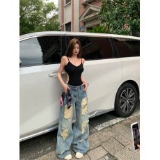 批发帅酷辣妹做旧破洞阔腿牛仔裤女宽松直筒高腰百搭<b class='q'>长裤</b>子
