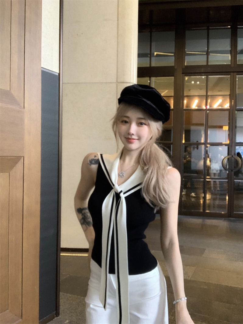실사 정가 해군 칼라 숄 니트 조끼 여성 짧은 여름 페이크 레이어드 민소매 맨위