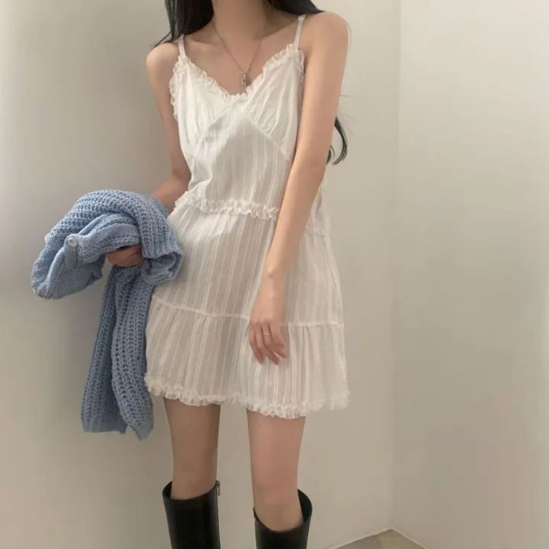 한국 chic 여름 새로운 흑인과 백인 둘 색상 양면 착용 슬립 드레스 달콤함 레이스 패치워크 디자인 센스 슈퍼 요정