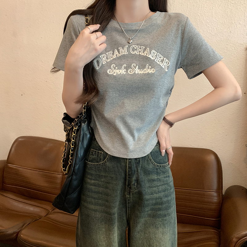 MY3248# 短袖t恤夏潮刺绣修身短款圆领上衣韩版女装女裝貨源服裝批發
