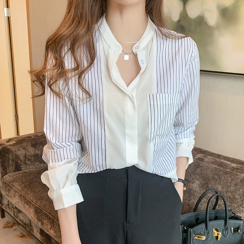 화이트 스탠드 칼라 스트라이프 여성 셔츠 디자인 센스 작은 대중 긴팔 고급 센스 경력 ol 긍정적 인 로드 중 저항 주름 셔츠 고급