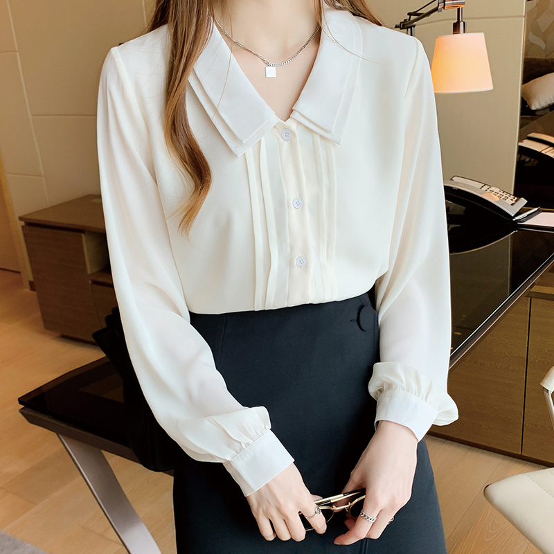 MY11829# 双层翻领杏色雪纺衬衫女气质灯笼袖秋季新款长袖垂感直筒别致上衣