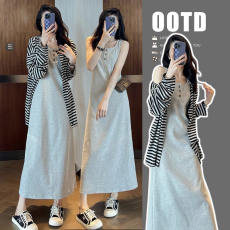 批发新品#孕妇早春套装2026新款小清新无袖背心裙+条纹开衫春夏两件套