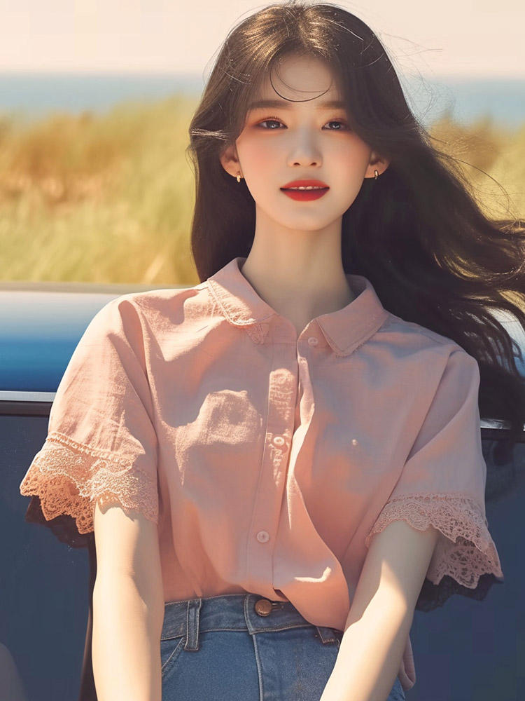 여름 한 부서 부드러운 달콤함 레이스 작은 셔츠 작은 대중 세련된 Chic 슈퍼 잘 생긴 핑크색 패치워크 반팔 여성 셔츠