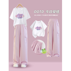 批发230克纯棉双纱女童夏季短袖套装2026新款休闲中大童多巴胺两件套