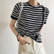 批发韩国Chic复古小众圆领纽扣设计短袖条纹针织衫上衣套头