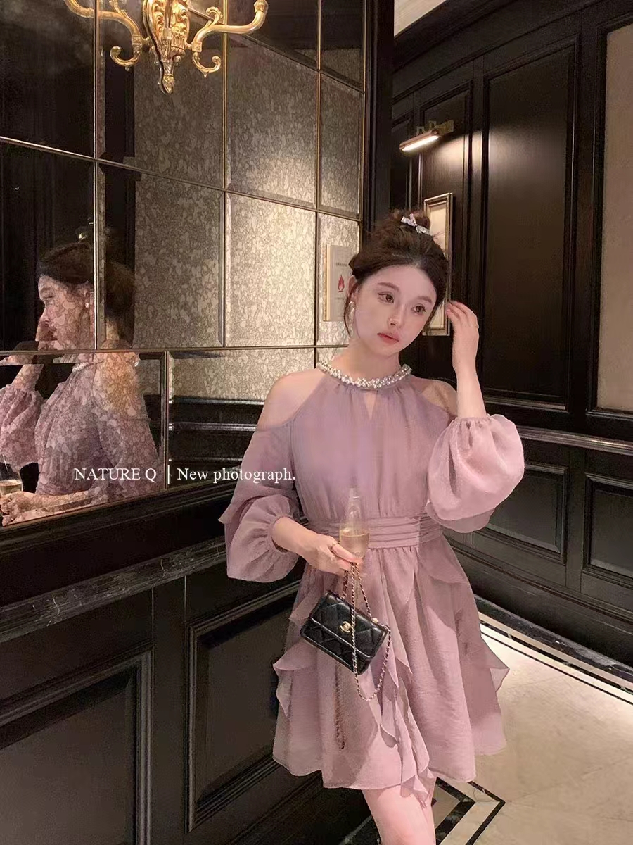 2024 년 인기 부드러운 바람 캄파넬라 세과 차 휴식 프랑스식 행침 목 여성 드레스 오프숄더 품격 무거운 작업 길다 치마