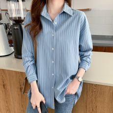批发2026春季新款 <b class='q'>衬衫</b>女设计感小众 蓝白<b class='q'>条纹</b>宽松慵懒叠穿长袖上衣