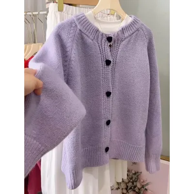 新款慵懒风紫色毛衣女洋气设计感纯色爱心纽扣加厚针织衫