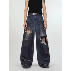 批发美式复古做旧破洞设计拖地牛仔裤小众高街宽松百搭阔腿裤痞帅热舞