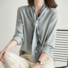 批发春秋法式飘带领结醋酸仿<b class='q'>真丝</b>衬衫<b class='q'>女</b>设计感小众别致<b class='q'>上衣</b>蓝色衬衣