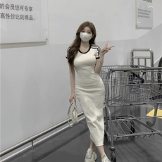 批发辣妹运动针织短袖T恤连衣裙女夏季撞色修身显瘦包臀短裙<b class='q'>气质</b>裙子