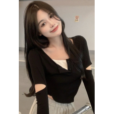 批发外贸假两件不规则长袖<b class='q'>T</b><b class='q'>恤</b>设计感新款早春小个子可盐可甜上衣女装