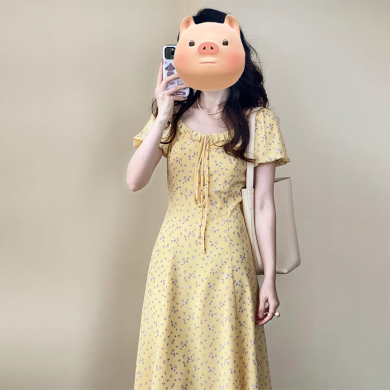 PF19065#新款超好看钓系约会黄色碎花连衣裙子女装夏季气质长裙高级感女裝貨源服裝批發
