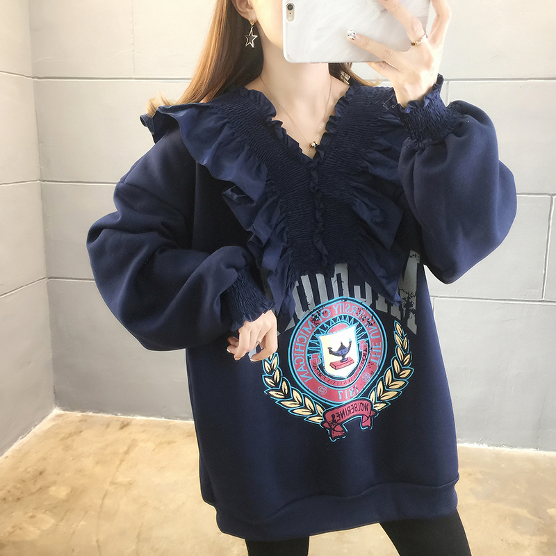 실사 25 면 2026 봄 가을 느긋한 바람 전후 V넥 알파벳 프린트 긴팔 얇은 스타일 후드티