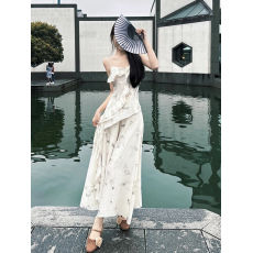 批发水墨印花荷叶边<b class='q'>吊带</b><b class='q'>背心</b>女夏季新款显瘦高腰半身裙时尚套装潮