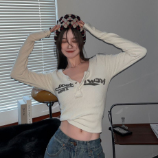 韩国外贸韩版春季新款螺纹辣妹长袖t恤女修身短款打底衫内搭上衣