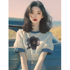 批发初夏流行小众漂亮上衣小个子洋气减龄艺术生白色印花<b class='q'>短袖</b><b class='q'>T</b><b class='q'>恤</b>女夏