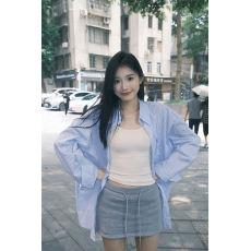 批发蓝色条纹衬衫外套女<b class='q'>夏</b>慵懒风韩系上衣薄款防晒衬衣外贸跨境爆款