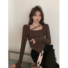 批发韩国外贸春季新款纯欲不规则修身内搭t恤<b class='q'>女装</b>长袖打底衫紧身上衣