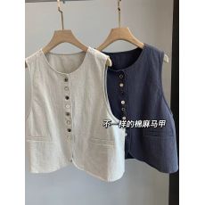 批发官图 日系洋气简约百搭木扣棉麻马甲女宽松显瘦无袖坎肩春秋马甲