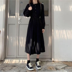 批发春装新款复古冷淡风中长款收腰木耳边长袖<b class='q'>连衣裙</b>女装裙子