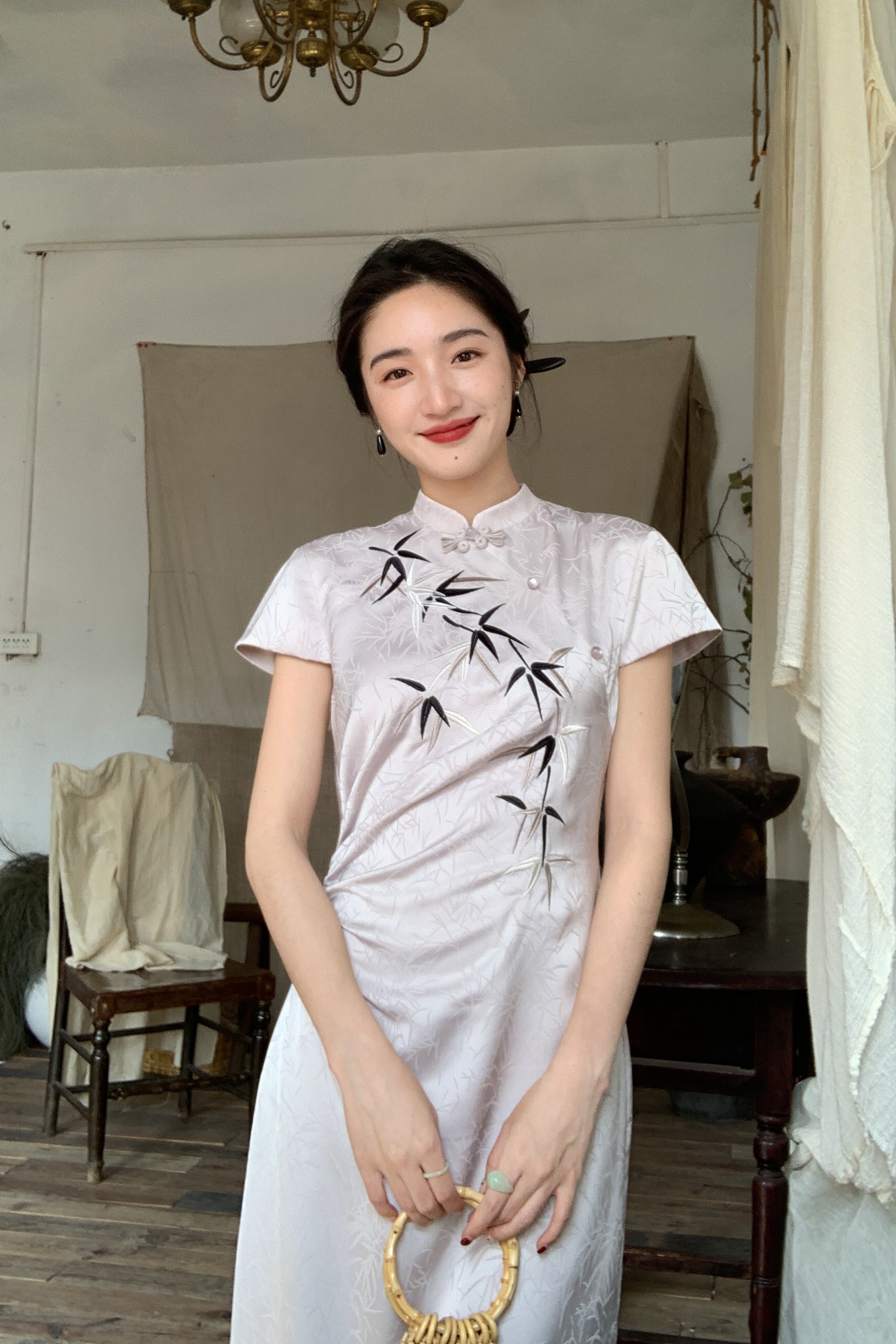 许大晴竹影新中式竹子旗袍裙立领刺绣显瘦中长款提花连衣裙-韩小姐
