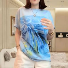 批发夏季大码休闲蝴蝶结印花T恤女短袖圆领洋气百搭蓝色时尚宽松上衣