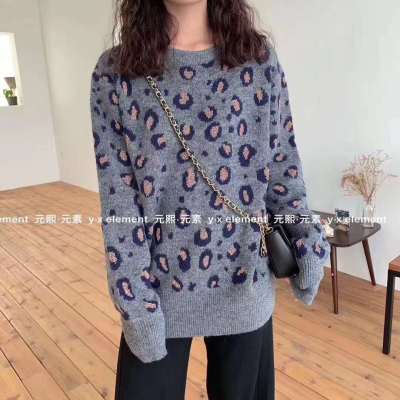 숲속 소녀 한국 스타일 ins 이른 가을 2026 가을 새로운 레오파드 무늬 패치워크 색상 다용도 레트로 풀오버 긴팔 스웨터 여자 트렌디