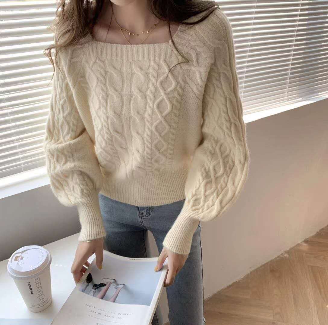 광장 칼라 스웨터 여자 레트로 두꺼운 꽈배기 가을 겨울 새로운 한국 스타일 루즈핏 외출용 허리 수축 슬림해 보이는 니트 스웨터 만나는