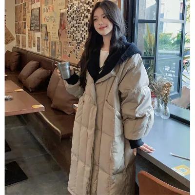 韩版中长款针织连帽羽绒棉服女2024冬季新款加厚大码棉服外套